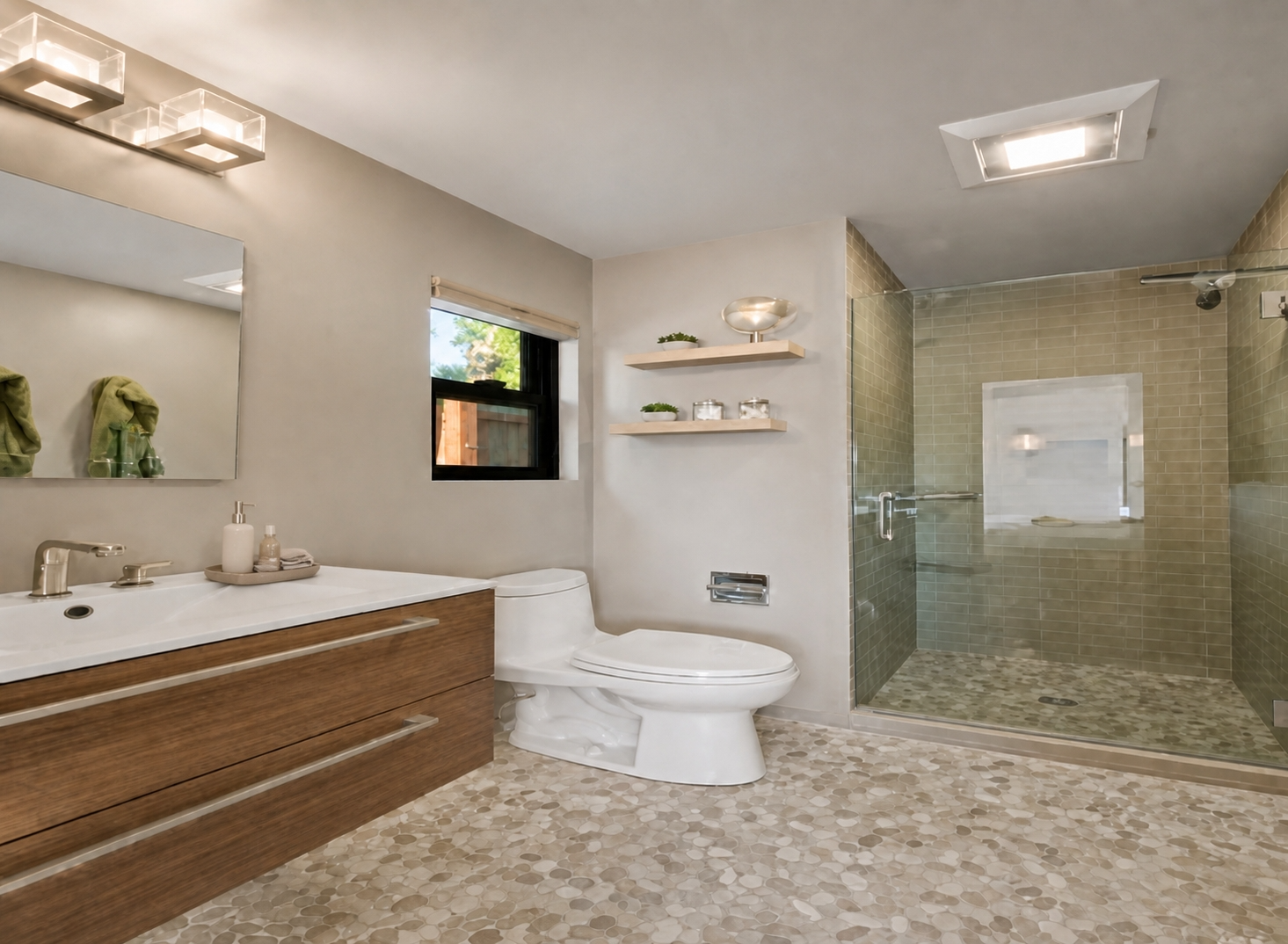 Remodeled bathroom with floating wood vanity, pebble mosaic floor, and a walk-in shower in sage subway tile