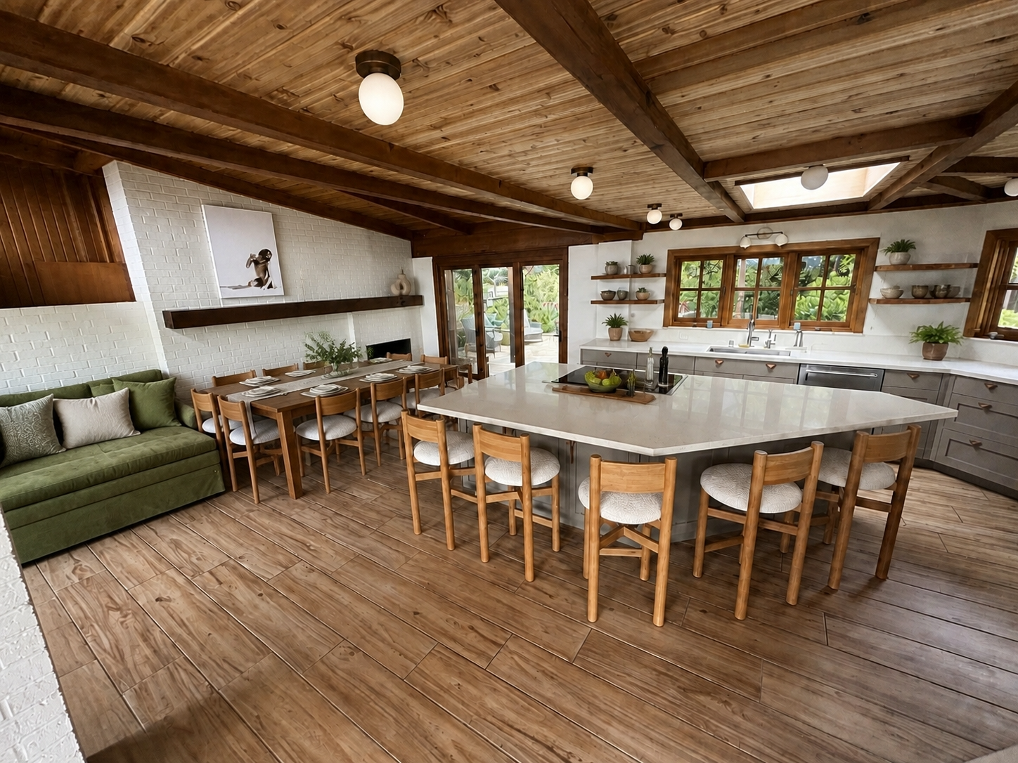 Open kitchen and dining room with exposed timber beams, a large stone island, and wood-framed windows