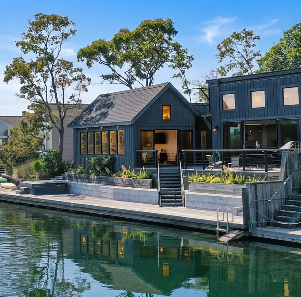 Dark-clad lagoon-front home with terraced planters and cable railing deck at dusk
