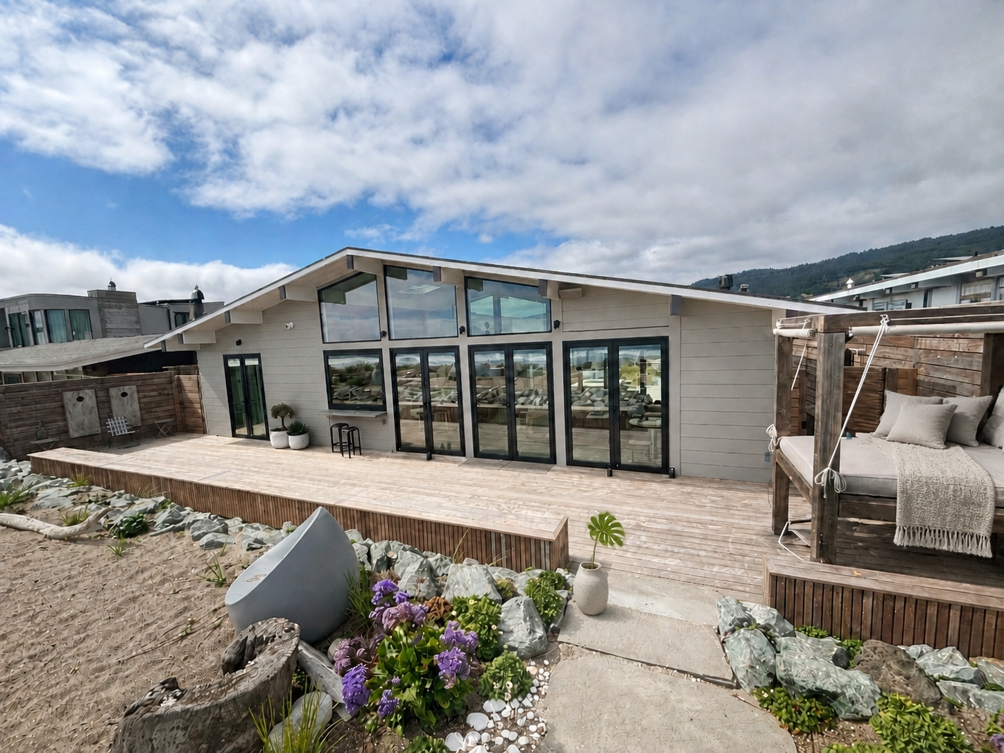Beachside home with folding glass doors, sand garden and wraparound deck in Stinson Beach