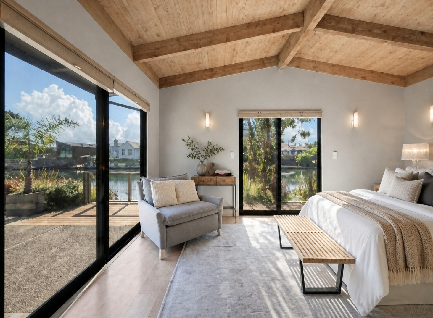 Primary bedroom with vaulted cedar ceiling and sliding glass doors opening to the lagoon