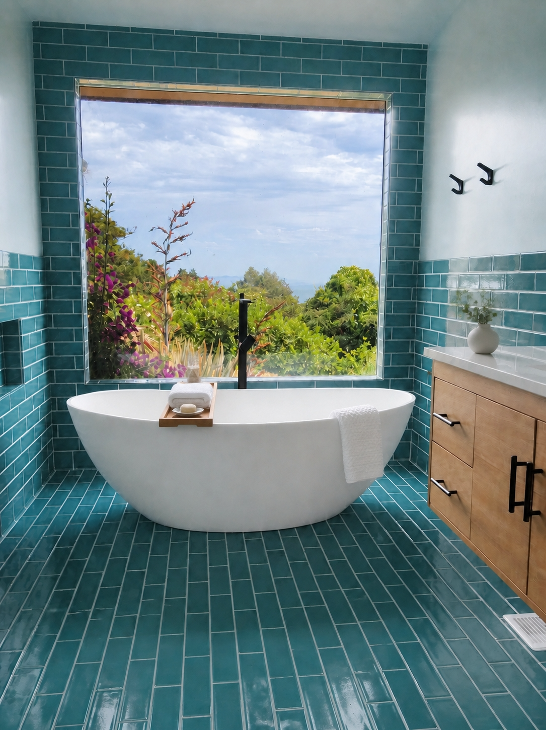 Spa bathroom with teal tile, freestanding soaking tub and a picture window to the garden