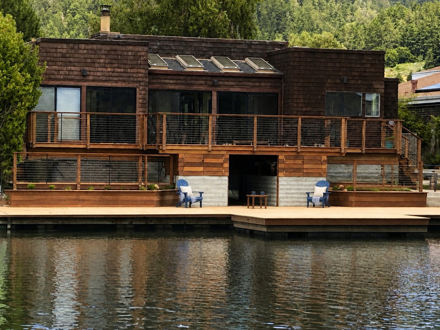 Shingle-clad lagoon home with a full-width wood deck, cable railing, and a waterside boat garage