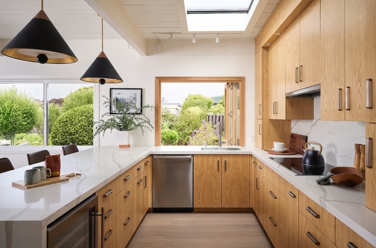 White oak kitchen remodel with marble waterfall island, skylight and pass-through window