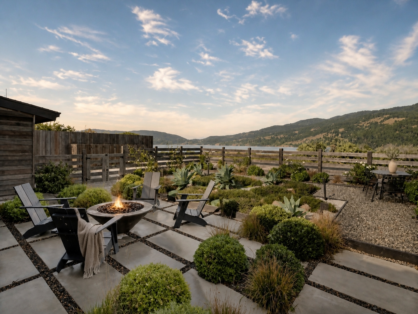 Paver terrace with fire pit, drought-tolerant plantings and ridgeline water views