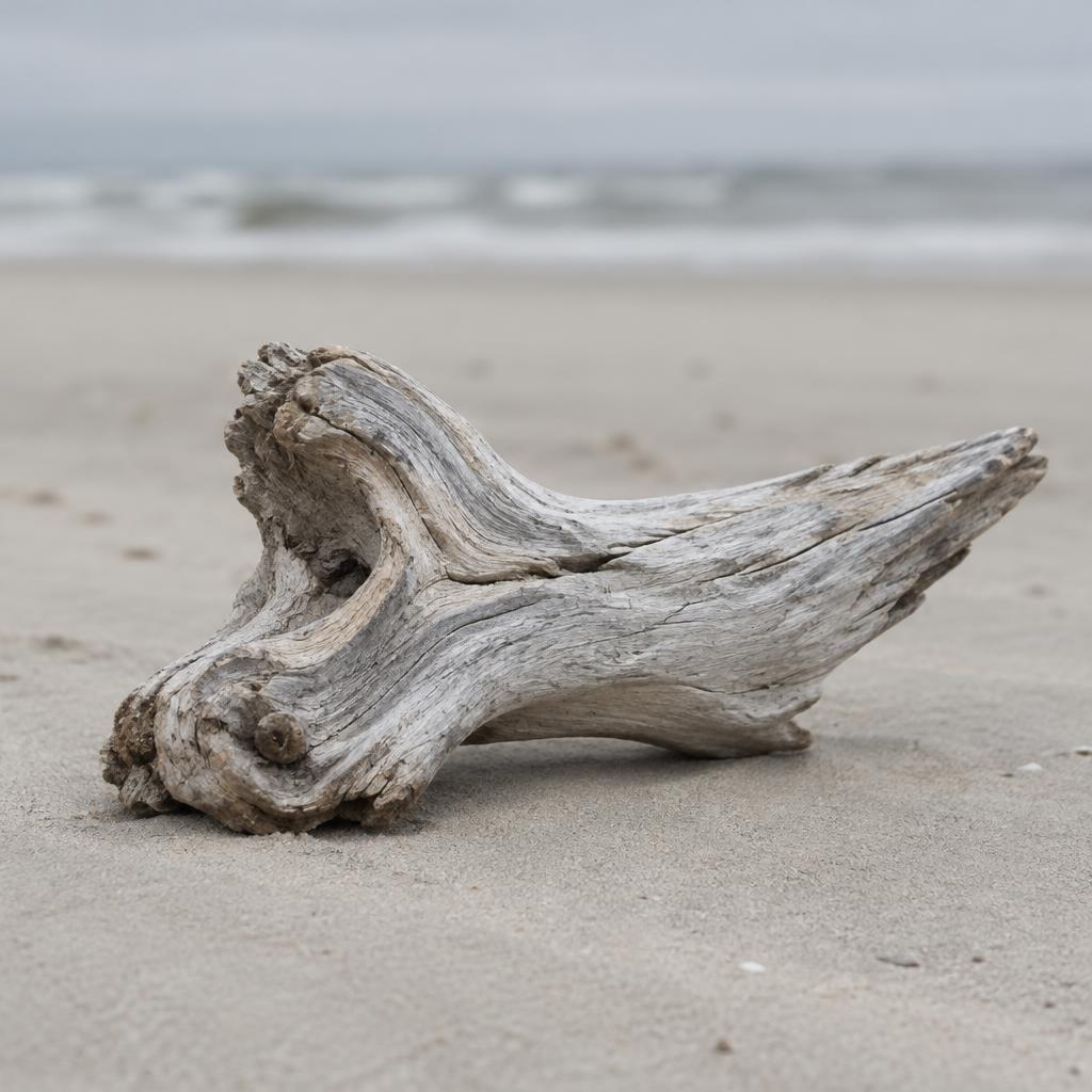 Sun-bleached driftwood lying on the sand