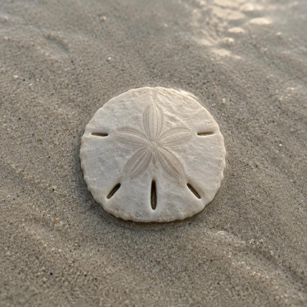 Sand dollar resting on pale beach sand